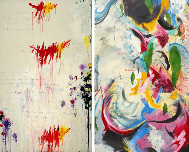Left: Cy Twombly, The Four Seasons: Spring, 1993-94, The Museum of Modern Art, New York. Image: The Museum of Modern Art, New York/Scala, Florence, Artwork: © Cy Twombly Foundation  CAPTION: Right: Detail of the present work